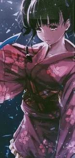 Anime girl in a pink kimono holding a sword with a dark blue background.