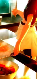 Anime chef cooking in a sunlit kitchen with vibrant colors.