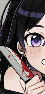 Anime girl with dark hair holding a knife, vibrant and playful art design.