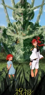 Anime scene with two characters and a robot in a green landscape.