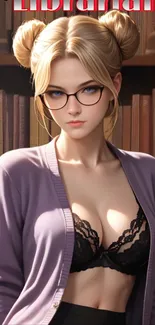 Anime librarian with glasses and cardigan