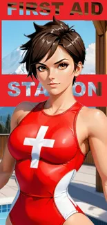 Anime lifeguard in a red swimsuit with a first aid symbol.