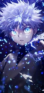 Anime character with blue lightning effects and vibrant blue eyes.