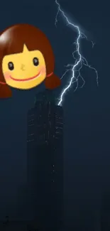 Anime face and lightning over city skyline at night.