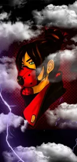 Anime character with a mask in a stormy cloud and lightning scene.