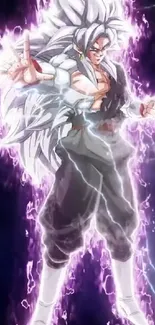 Anime warrior surrounded by purple lightning with an intense and dynamic pose.