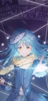 Anime character with blue hair and magic aura