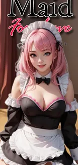 Anime maid with pink hair in a room setting.