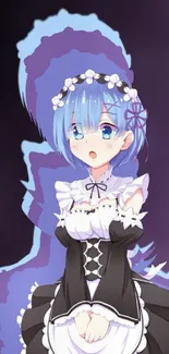 Anime maid character with blue hair on a purple background.