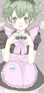 Cute anime maid character with green hair forming a heart gesture.