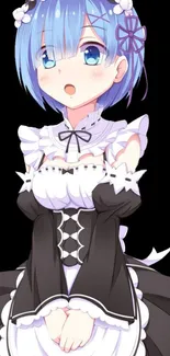 Anime maid with blue hair, wearing a black and white outfit.