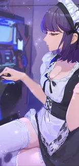 Anime maid with arcade machine in vibrant purple hues.