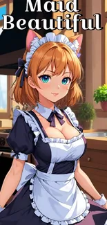 Anime maid character in kitchen with blue sky background.