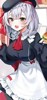 Anime maid with burger in vivid colors.