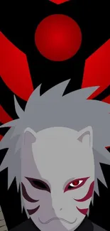 Anime character with mask and red eyes on a black and red background.