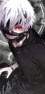 Masked anime character with red eyes, white hair on dark background.