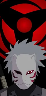 Anime masked warrior with red design on mobile wallpaper.