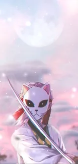 Anime wallpaper with masked warrior and pastel pink sky.