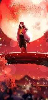 Anime character stands beneath a vibrant, glowing red moon.