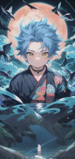 Anime character with blue hair under a full moon with birds.