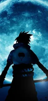 Anime warrior silhouette against a glowing blue moon.