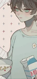 Anime character holding cereal and milk in pastel colors.