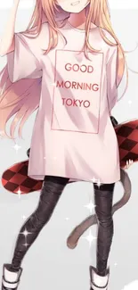 Anime character with a 'Good Morning Tokyo' shirt in soft pink tones.