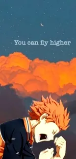 Anime character with motivational quote over orange clouds.