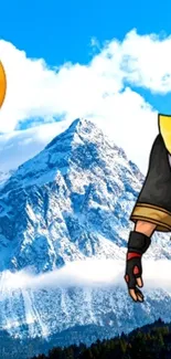 Anime character and emoji with mountain background wallpaper.