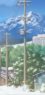 Serene anime scene with mountains and power lines.