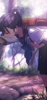 Anime schoolgirl in a sunlit forest