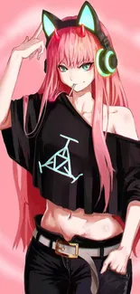 Anime character with pink hair and neon headphones on a peach background.