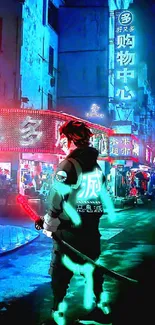 Anime character in neon-lit cityscape with vibrant glowing signs.