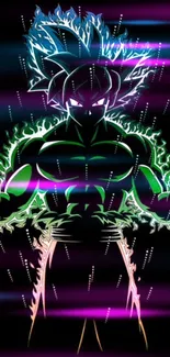 Anime character in vibrant neon silhouette with energy aura.