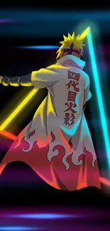 Anime ninja with neon lights in mobile wallpaper.