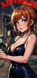 Anime girl in city night scene with adventure theme.