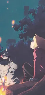 Anime characters by a campfire with a starlit sky background.