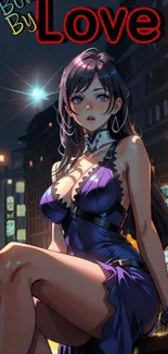 Anime character in purple dress sitting in neon-lit cityscape at night.