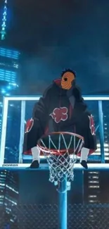 Anime character on basketball hoop in cityscape at night.