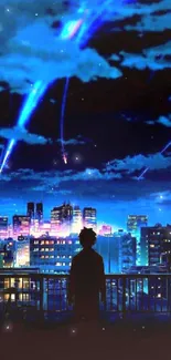 Anime cityscape at night with vibrant sky and shooting stars.