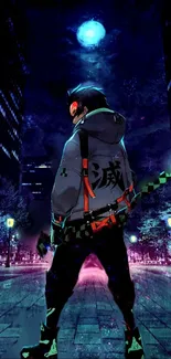 Anime figure in neon cityscape with a blue moonlit sky.