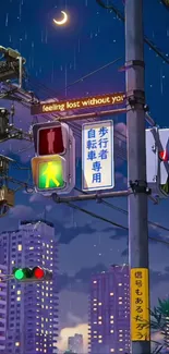 Anime night city with traffic lights under a crescent moon.