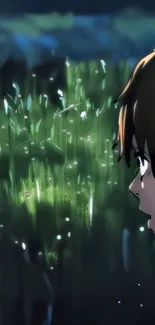 Anime night scene with grass and character in focus.