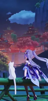 Anime night scenery with character and white cat overlooking glowing houses.