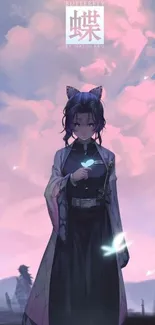 Anime character under pink sky with glowing mystical atmosphere.