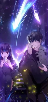 Anime couple enjoying a serene night under a starry sky with vibrant colors.