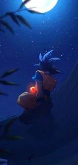 Anime character sits under a starry night sky with a glowing moon.