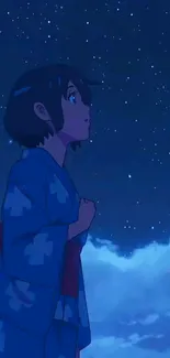 Anime character gazing at a starry night sky in a dark blue setting.