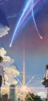 Anime night sky with meteors and characters in a cityscape.