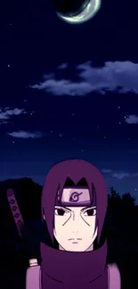 Anime character under a night sky with a crescent moon.